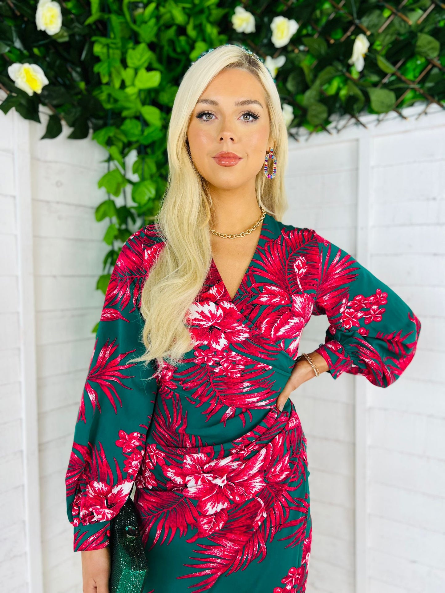 Elsa Long Sleeve Wrap Asymmetric Dress  Green & Pink Floral