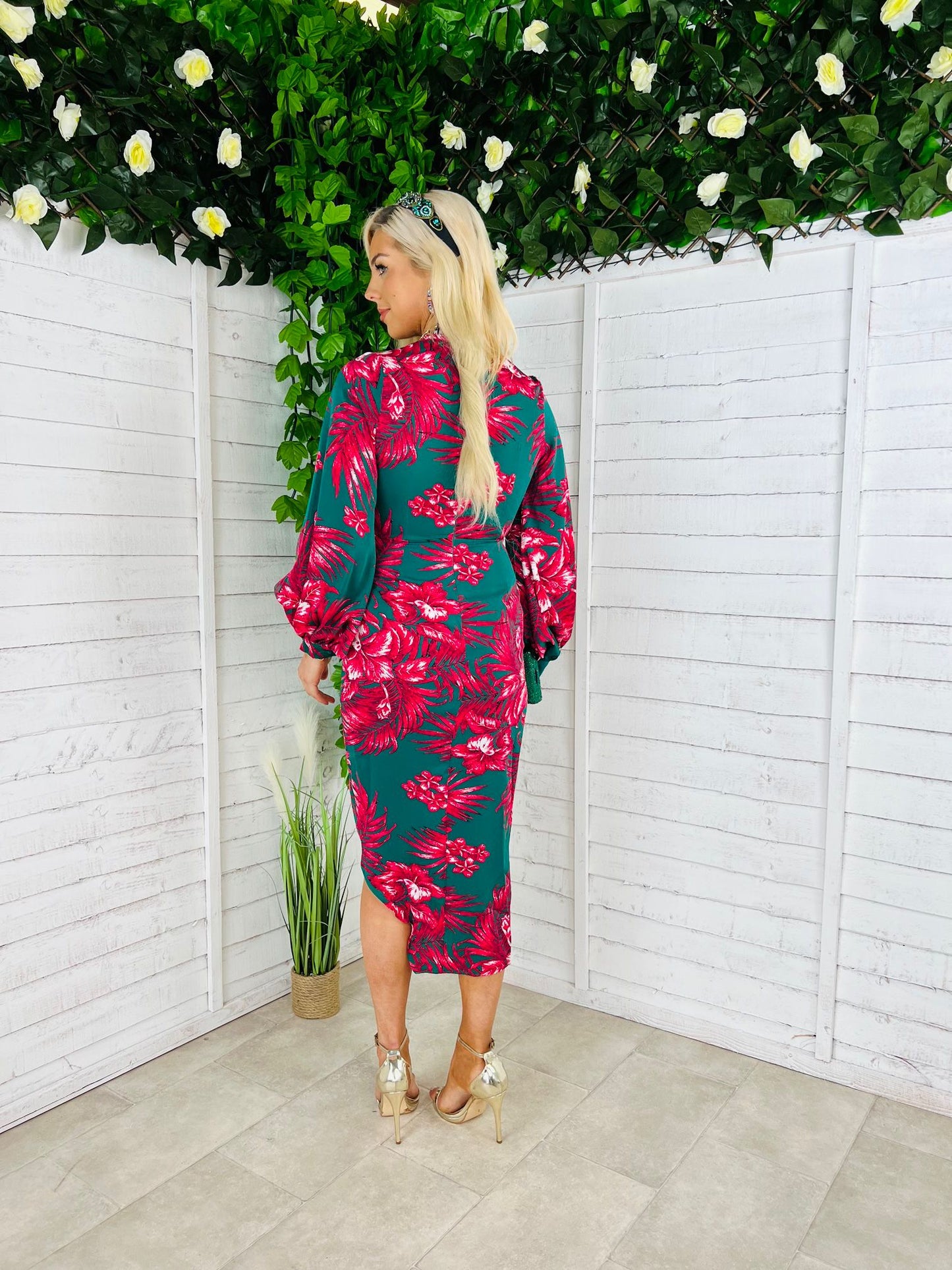 Elsa Long Sleeve Wrap Asymmetric Dress  Green & Pink Floral