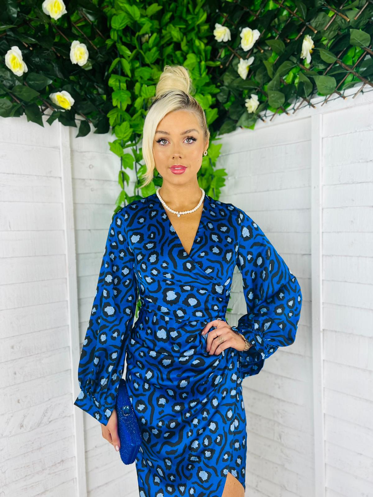 Elsa Long Sleeve Wrap Asymmetric Dress Leopard Blue