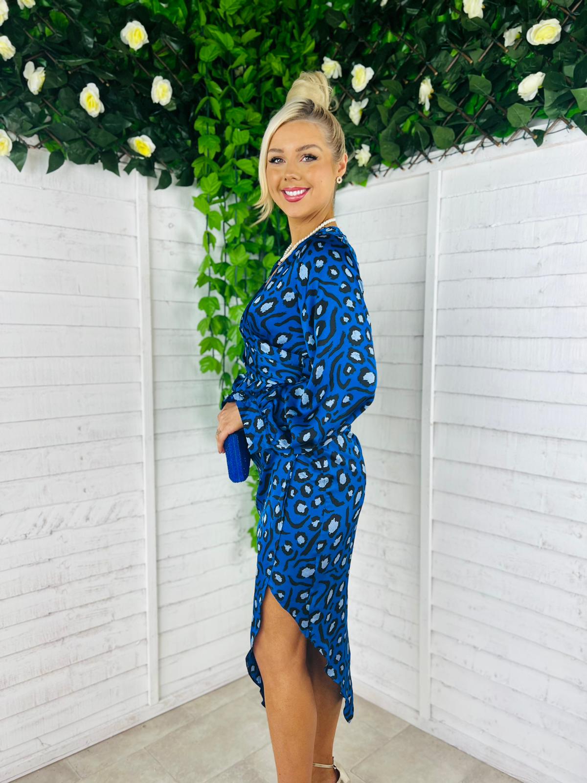 Elsa Long Sleeve Wrap Asymmetric Dress Leopard Blue