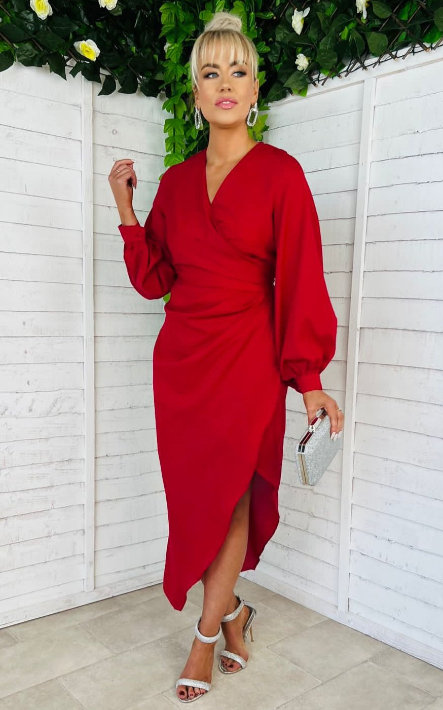 Elsa Long Sleeve Wrap Asymmetric Dress Red