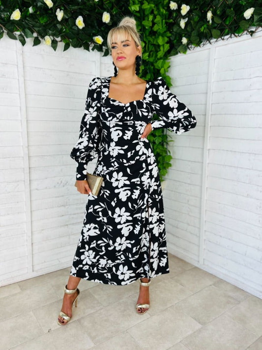 Olive Midi Dress Floral Monochrome