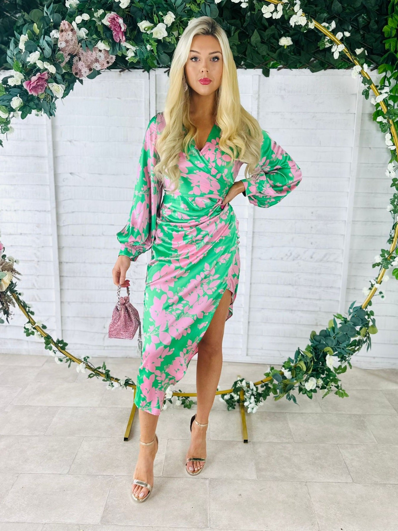 Elsa Long Sleeve Asymmetric Dress Floral Pink / Green