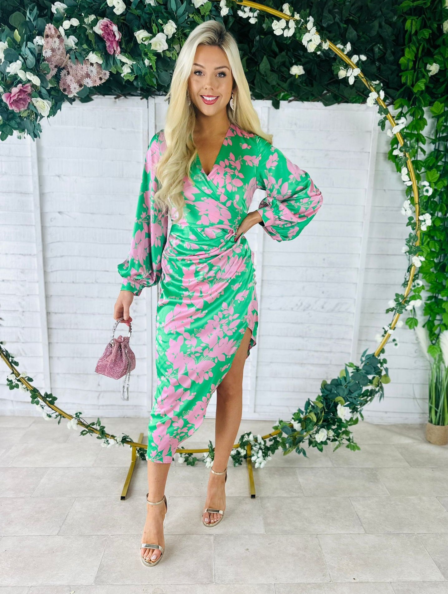 Elsa Long Sleeve Asymmetric Dress Floral Pink / Green