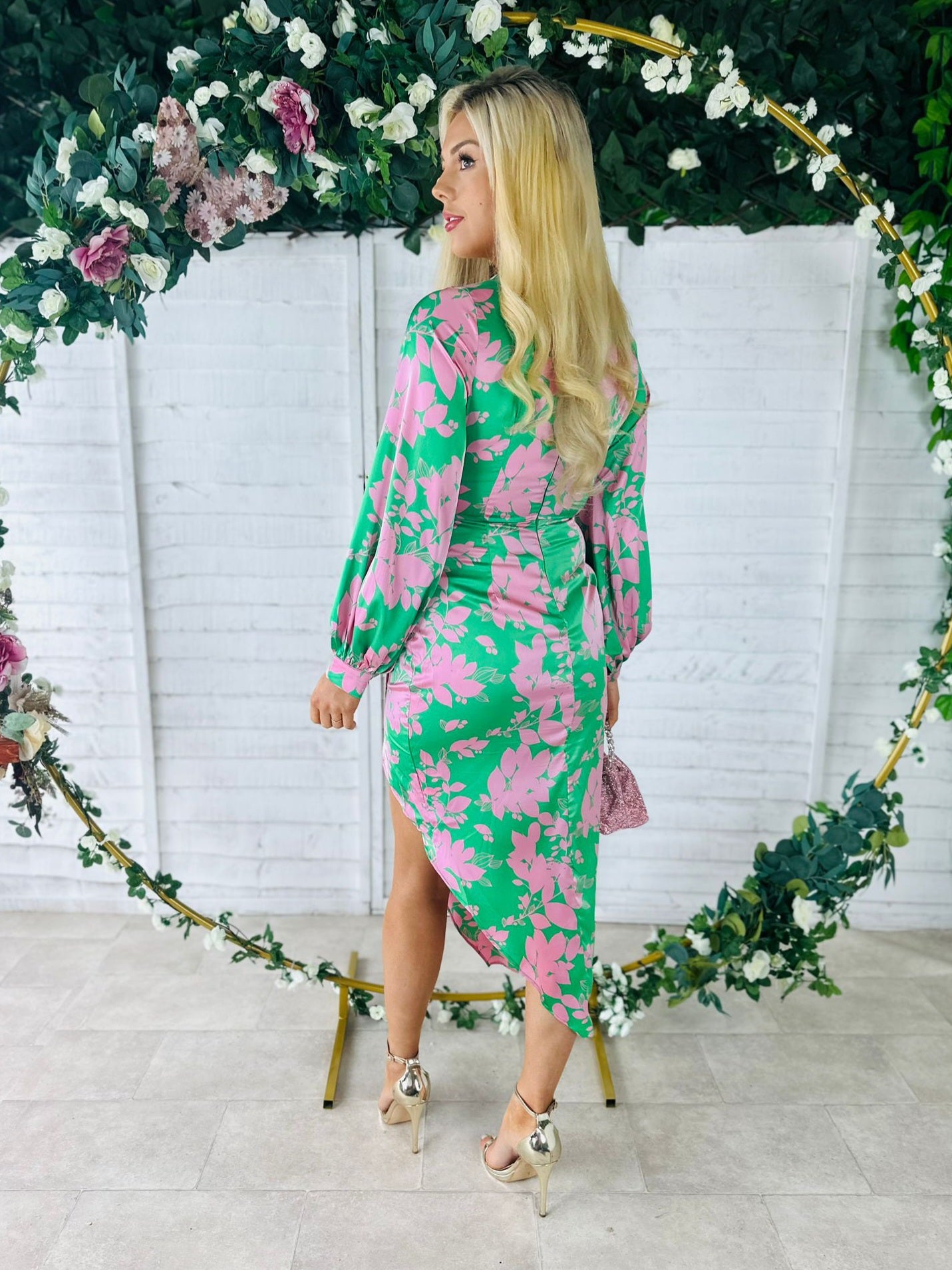 Elsa Long Sleeve Asymmetric Dress Floral Pink / Green