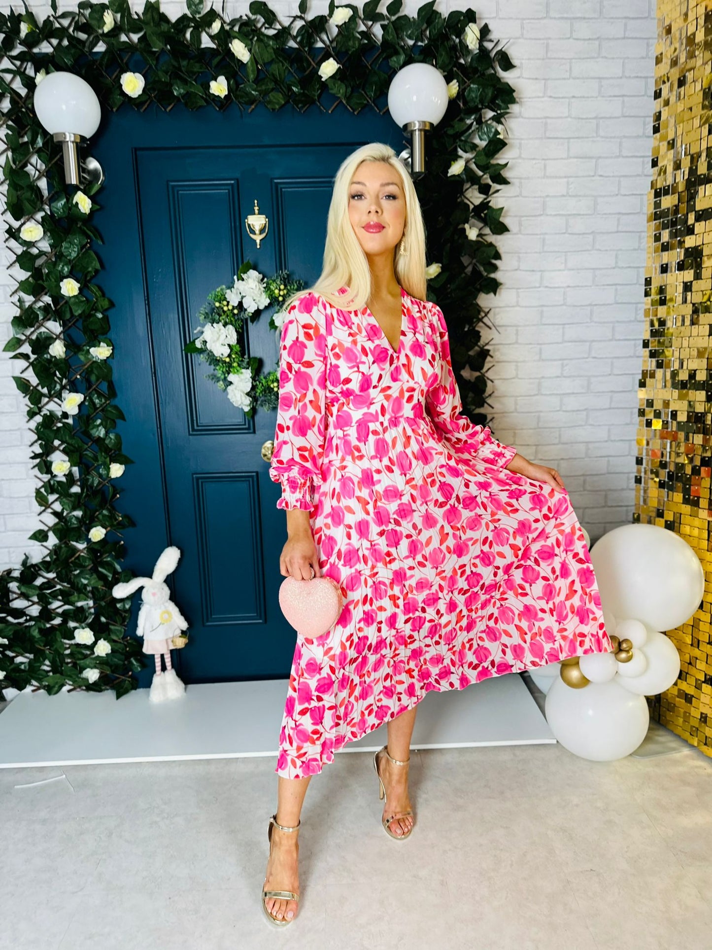 Haylen Banded Midi Dress Pink Floral