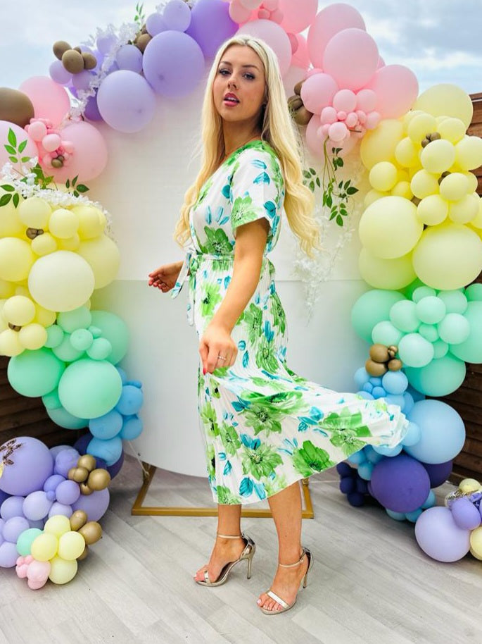 Miley Pleated Midi Dress Floral Green
