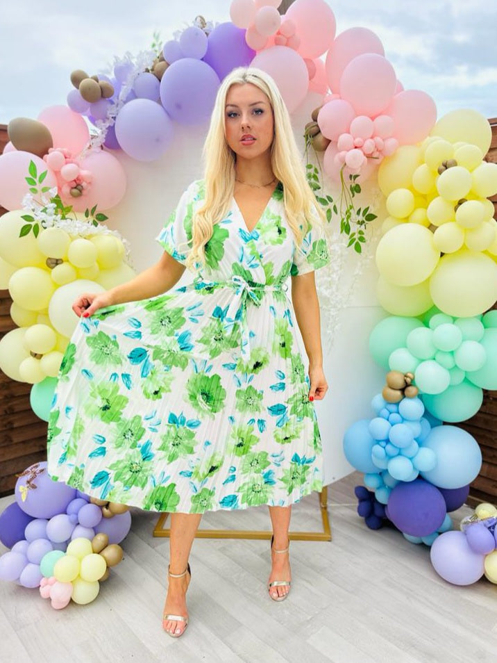 Miley Pleated Midi Dress Floral Green